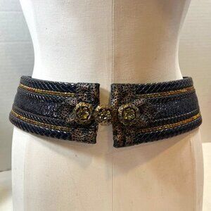 Barrera Beaded Rhinestones Wide Braided Leather BOHO Waist Belt Navy 30"